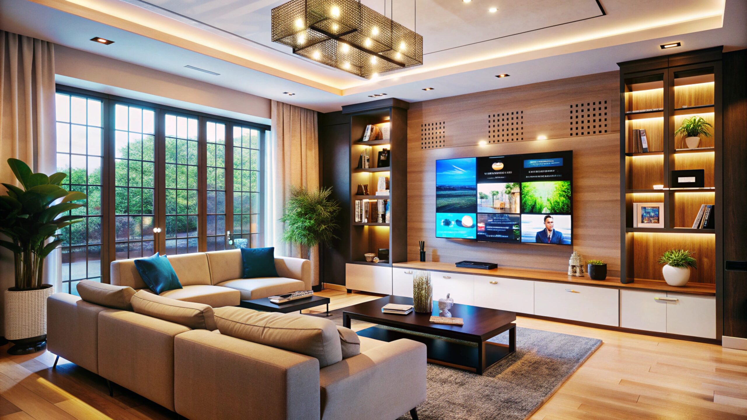 Modern living room with large TV and sectional sofa.